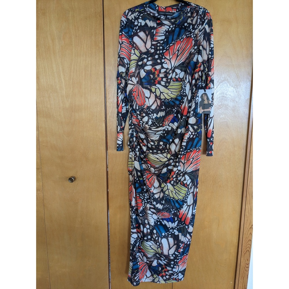 Ashley Graham Butterfly Print Mesh Ruched Midi Dress Multi-Color 1X NEW
